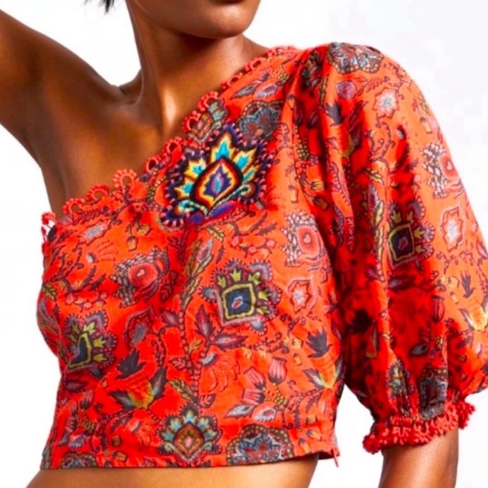 Farm Rio Boho PATCH Design Vibrant One-Shoulder Top NWT XL Linen NWT Anthro